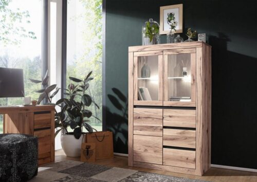 Massivmoebel24 Highboard (modernes Highboard aus Massivholz - 95x42x150 - helle massive Wildeiche / Zerreiche - bereits montiert)