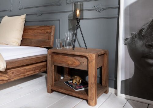 Massivmoebel24 Nachttisch »BUENO« (60x40x50 Sheesham montiert, Nachttisch mit abgerundeten Kanten), markantes Holzbild,stabil,abgerundete Ecken und Kanten,Schublade mit Push-to-Open Funktion,auffällig schlichtes Design,grifflose Front