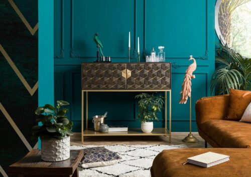 Massivmoebel24 Barschrank »DIAMOND« (122x50x110 Mango montiert, Bar aus Mangoholz, Moderner Stil) Glashalterung für ca. 20 Gläser, Push-Top-Open, massives Eisengestell, goldene Akzente, Ornamente und Relief Muster, Ablage unten