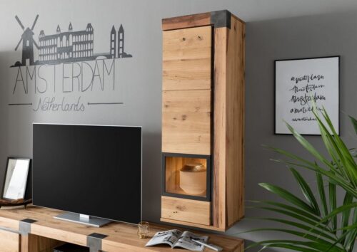 Massivmoebel24 Vitrine »NEW AMSTERDAM« (Moderne Hängevitrine in geradliniger Balkenoptik, natur lackiert 47x35x142 Wildeiche / Zerreiche montiert) Softclose-System für Türen und Schubladen, Einlegeböden 5-fach höhenverstellbar