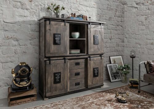 Massivmoebel24 Highboard »RAILWAY« (Schickes Highboard im Industrial Stil, perfekter Mix aus Eisen und Holz, viel Stauraum, inklusive Schiebetüren, grau lackiert 150x45x160 Mango montiert)
