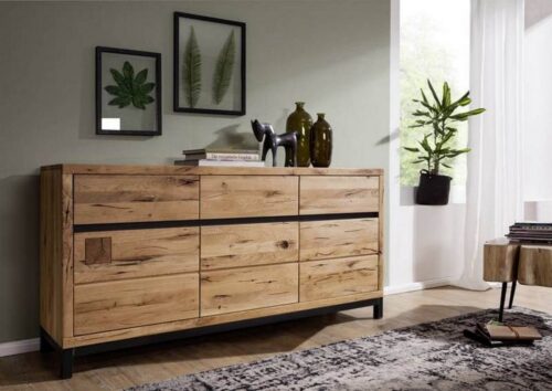Massivmoebel24 Sideboard »VILLANDERS« (Modernes Massivholz Sideboard inklusive stilvollem Hirnholz-Element, eine Kombination aus Metall und Holz, mit Schubladen und Türen, natur geölt 175x45x85 Wildeiche montiert), Hirnholz-Element, Soft-Close für Türen und Schubladen, Griffleisten, Eisenrahmen Konstruktion, Unikate Rissoberfläche