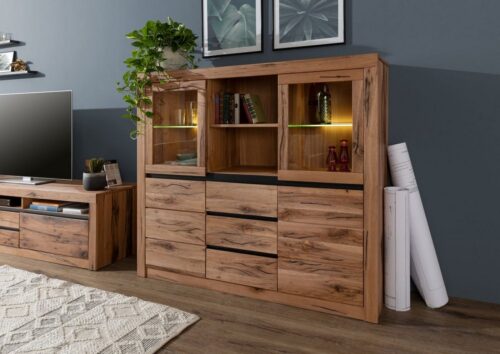 Massivmoebel24 Highboard »MONTREUX« (modernes Massivholz Highboard - 160x45x140 massive Vitrine aus Wildeiche / Zerreiche - montiert)