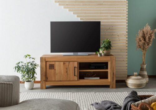 Massivmoebel24 TV-Board »GLASGOW« (Lowboard, Fernsehschrank Massivholz, 140x45x45 Zerreiche montiert), Natürliche Risse, Maserung, Astlöcher, 3-fach höhenverstellbarer Einlegeboden, Soft-Close, Hirnholzelement, Kabelführung