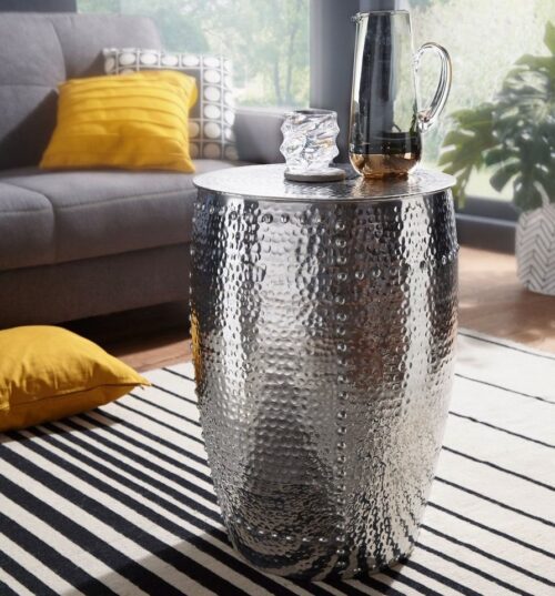 Wohnling Beistelltisch »Beistelltisch 41,5x62x41,5cm Aluminium Silber Dekotisch orientalisch rund Kleiner Hammerschlag Abstelltisch Designer Ablagetisch Metall modern Anstelltisch schmal«