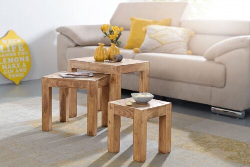 Wohnling Couchtisch »3er Set MUMBAI Satztisch Massiv-Holz Akazie Wohnzimmer-Tisch Landhaus-Stil Beistelltisch dunkel-braun Naturholz«