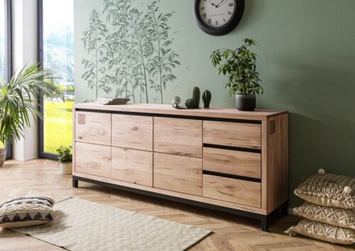 Massivmoebel24 Sideboard »VILLANDERS« (Modernes Massivholz Sideboard inklusive stilvollem Hirnholz-Element, eine Kombination aus Metall und Holz, mit Schubladen und Türen, beige geölt 210x45x85 Wildeiche montiert), Soft-Close, Massives Eisengestell, Eisen-Elemente, Griffmulden, 3-fach höhenverstellbare Einlegeböden, Hirnholzelement