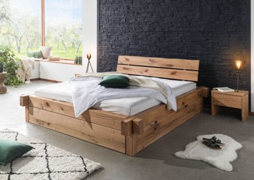 Massivmoebel24 Massivholzbett »JANGALI« (Bett aus robustem Massivholz, massives Holzbett Bettgestell, Modernes Doppelbett aus vollmassiven Balken, mit 2 großen Bettkästen für viel Stauraum, braun geölt 180x200 Zerreiche)