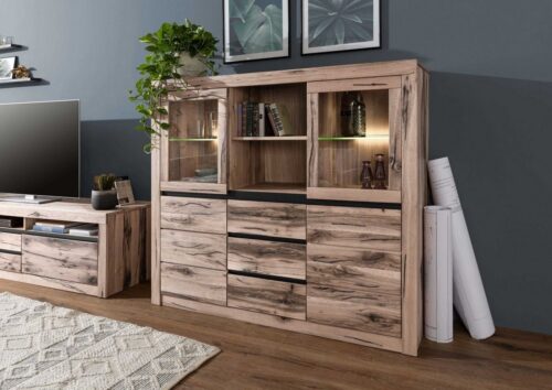Massivmoebel24 Highboard (modernes Massivholz Highboard - 160x45x140 massive Wildeiche / Zerreiche - montiert)
