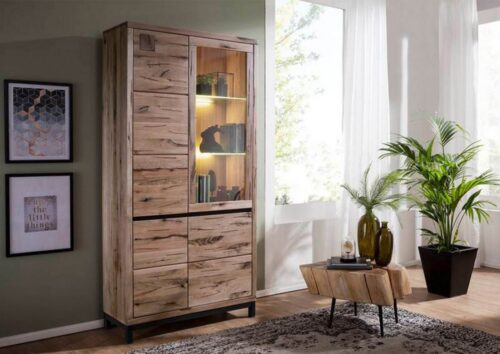 Massivmoebel24 Vitrine »VILLANDERS« (Moderne Wildeiche Glasvitrine inklusive stilvollem Hirnholz-Element, eine Kombination aus Metall und Holz, mit Türen, beige geölt 103x40x205 Wildeiche montiert) Einlegeböden variabel 3-Fach höhenverstellbar, Hirnholz-Element, Soft-Close für Türen, Griffleisten, Eisenrahmen Konstruktion, Unikate Rissoberfläche