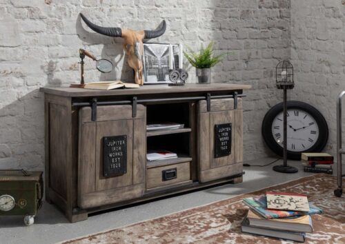 Massivmoebel24 Sideboard »RAILWAY« (Schickes Sideboard im Industrial Stil, mit stylischen Schiebetüren auf Eisenführung grau lackiert 128x45x70 Mango montiert), used-optik, Metallapplikationen im Vintage Look, authentische Altholz-Optik inkl. Wurmlöcher, Schiebetüren auf Eisenleisten