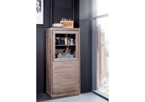 Massivmoebel24 Vitrine »SYDNEY« (Moderne Vitrine mit 2 Türen, inklusive metallischen Verzierungen, grau lackiert 63x40x147 Sheesham montiert) Sheeshamholz, metallische Elemente