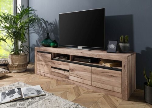 Massivmoebel24 TV-Board »MONTREUX« (Lowboard, Fernsehschrank Massivholz, langes TV-Board aus Massivholz - 185x45x45 - modernes TV Lowboard aus massiver Wildeiche / Zerreiche - bereits montiert), Softclose für Türen und Schubladen, herausnehmbare Einlegeböden 3-fach höhenverstellbar, starke Rissoptik, Kabelführung