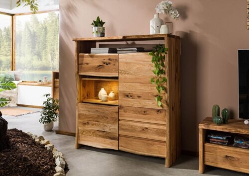 Massivmoebel24 Highboard »PURE OAK« (Modernes Highboard mit 2 Drehtüren und 3 Schubladen, 1 offenem Fach, inklusive Glaseinsatz, echte Baumkante, in natur geölt 131x45x147 Wildeiche montiert)