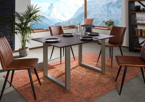 Massivmoebel24 Esstisch »SWISS EDGE« (Moderner Esstisch für 6 Personen, mit außergewöhnlichem Eisengestell, braun lackiert 140x90x76 Akazie)