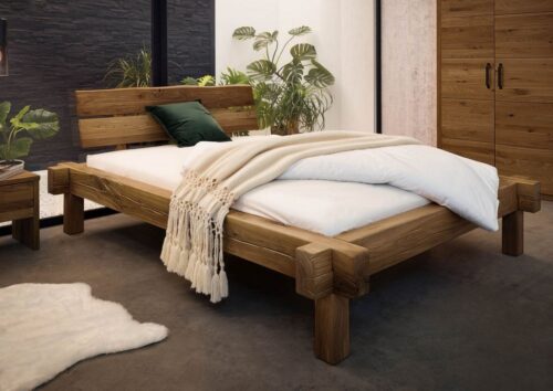 Massivmoebel24 Massivholzbett »JANGALI« (Bett aus robustem Massivholz, massives Holzbett Bettgestell, Rustikales Doppelbett aus vollmassiven Balken, in braun geölt 160x200 Wildeiche)