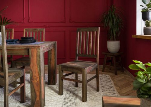 Massivmoebel24 Holzstuhl »TAMBORA« (Moderner Stuhl mit zeitlosen Verstrebungen, auffällige Maserung, grau geölt 45x45x100 Sheesham montiert), indischer Palisander, auffällige ausdrucksstarke Maserung, kontrastreiche Musterung