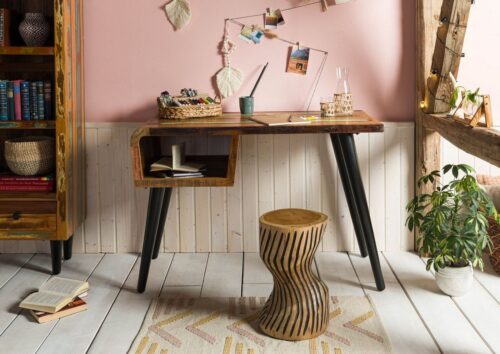 Massivmoebel24 Schreibtisch »SIXTIES« (Schreibtisch im Retro Stil, mit 1 Ablagefläche, bunt lackiert 116x59x79 Altholz montiert), Retro-Design,60% recyceltes Altholz,Unikat,Türen mit Magnetverschluss,Schubladen herausnehmbar