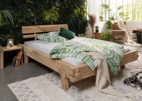 Massivmoebel24 Massivholzbett »OAK HEART« (Bett aus robustem Massivholz, massives Holzbett Bettgestell, Modernes Balkenbett mit zweigeteiltem Kopfteil, natürlicher Look, geölt 160x200 Eiche)