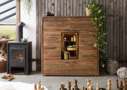 Massivmoebel24 Highboard »BARK« (145x40x153 Akazie montiert, massives Highboard mit echter Baumrinde, Glasböden und integrierter LED Beleuchtung)