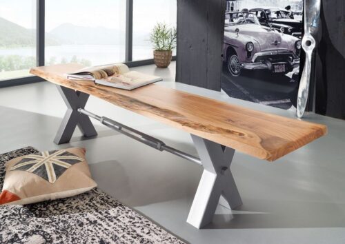 Massivmoebel24 Essbank »IRON LABEL« (180x38x38 Akazie), Baumkante,Unikat,Beine leicht glänzend