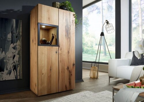 Massivmoebel24 Highboard »FRANKFURT« (66x43x138 modernes Designer Massivholz Highboard, kleine Vitrine im ausgefallenen Design aus massivem Wildeiche / Zerreiche - montiert)