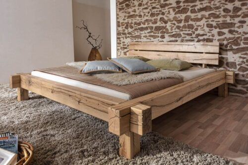 Massivmoebel24 Massivholzbett »JANGALI« (Bett aus robustem Massivholz, massives Holzbett Bettgestell, Modernes Balkenbett mit zweigeteiltem Kopfteil, inklusive 2 großen Schubladen für viel Stauraum, natur geölt 200x200 Wildeiche)