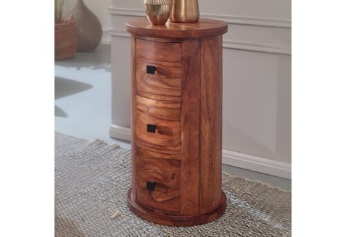 Wohnling Beistelltisch »Design Sideboard Sheesham Massivholz 35x65x35 cm Schränkchen mit 3 Schubladen Schmaler Beistellschrank Massiv Mini Kommode Rund«
