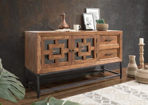 Massivmoebel24 Konsolentisch »STILMÖBEL« (Extravaganter Konsolentisch mit Eisengstell, transparenten Ausschnitten in den Türen, braun lackiert 155x47x86 Akazie montiert), massives Eisengestell,stilvolle Holzmusterung auf der Front