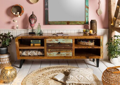 Massivmoebel24 TV-Board »SIXTIES« (Lowboard im Vintage Stil mit Schubladen und offenen Fächern, bunt lackiert 170x45x45 Altholz teilmontiert), Retro-Design, 60% recyceltes Altholz, Unikat, 4x Kabelführung, Schubladen herausnehmbar