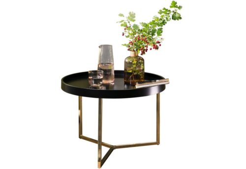 Wohnling Beistelltisch »Couchtisch JESI 58,5x42x58,5cm Schwarz / Gold Sofatisch Metall Rund Designer Retro Wohnzimmertisch modern Kleiner Loungetisch mit Metallgestell Runder Tabletttisch mit Holz-Platte«