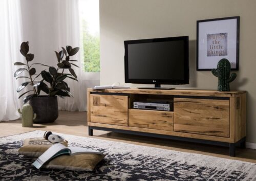 Massivmoebel24 TV-Board »VILLANDERS« (Modernes Wildeiche TV-Board inklusive stilvollem Hirnholz-Element, mit Schublade eine Kombination aus Metall und Holz, in natur geölt 170x40x56 Wildeiche montiert), Hirnholz-Element, Soft-Close für Türen und Schubladen, Griffleisten, Eisenrahmen Konstruktion, Unikate Rissoberfläche