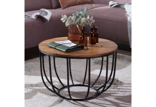 Wohnling Beistelltisch »Couchtisch WL5.677 60x39x60 cm Sheesham Massivholz / Metall Korbtisch Design Sofatisch Wohnzimmertisch Rund Stubentisch Industrial Braun Holztisch Kaffeetisch Massiv Wohnzimmer«