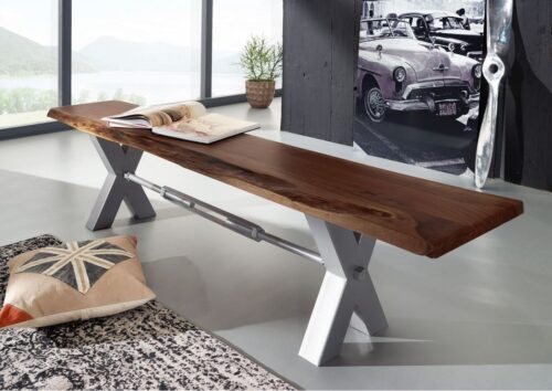Massivmoebel24 Essbank »IRON LABEL« (240x38x46 Akazie), Beine leicht glänzend,echte Baumkante,Unikat,Natürliche Unregelmäßigkeiten und Astlöcher,Einzelstück,