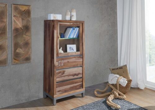 Massivmoebel24 Vitrine »LE HAVRE« (65x40x148 Sheesham / Akazie montiert) Magnetschließsystem für Türen, inkl. Glaseinlegeboden, Hirnholzelement