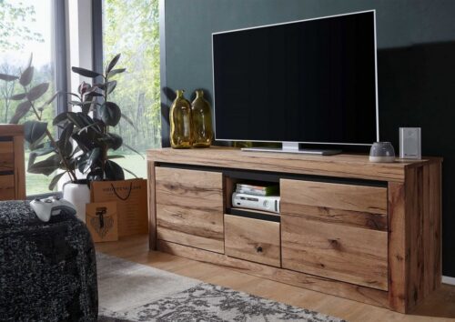Massivmoebel24 TV-Board »MONTREUX« (Lowboard, Fernsehschrank Massivholz, modernes Massivholz TV Board - 155x45x60 - massives Echtholz aus Wildeiche / Zerreiche - bereits montiert), Softclose für Türen und Schublade, starke Rissoptik, 2x Aussparung für Kabelführung in den oberen Ecken