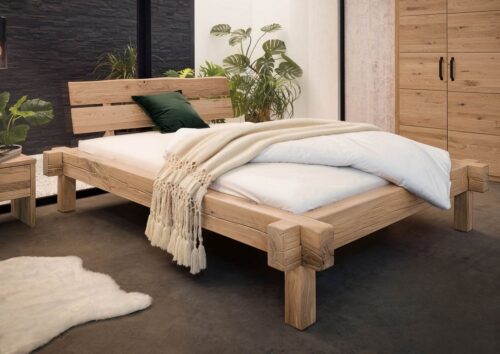 Massivmoebel24 Massivholzbett »JANGALI« (Bett aus robustem Massivholz, massives Holzbett Bettgestell, Modernes Balkenbett mit zweigeteiltem Kopfteil in natur geölt 160x200 Wildeiche)