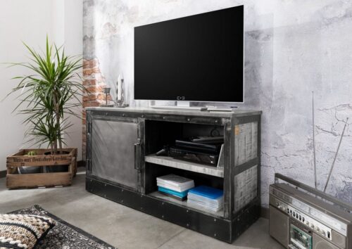 Massivmoebel24 TV-Board »HEAVY INDUSTRY« (TV-Board im angesagten Loft Stil, inklusive Türen und offenen Fächern, in grau lackiert 120x40x62 Mango montiert), used-Look, industie-Stil, shabby-chic, used-optik, Applikationen aus Eisen, Verzierungen mit Schrauben und Nieten