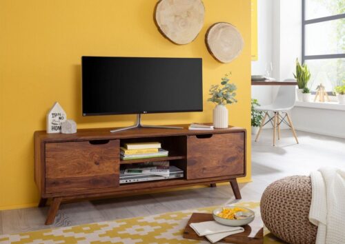 Massivmoebel24 TV-Board »MALMÖ 2« (134x40x48 Sheesham montiert, TV-Board mit Fächern und griffloser Front, Retro-Look), Retro-Stil, Kabelführung