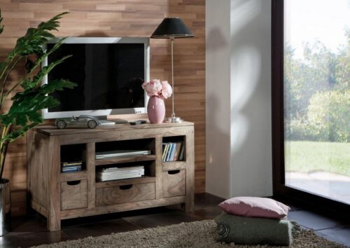 Massivmoebel24 TV-Board »NATURE GREY« (Modernes Massivholz Lowboard mit Schubladen und Fächern in modernem geradlinigem Design, grau geölt 100x50x60 Sheesham montiert), 2 Löcher für Kabelführung, Modern, geradlinig, geölt, mit herausnehmbarer Schubladen