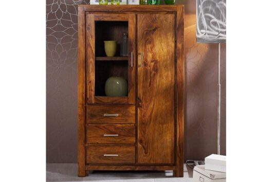 Massivmoebel24 Highboard »METRO LIFE« (Schrankmöbel mit viel Stauraum durch 2 Türen und 3 Schubladen, stylische Kombination aus Holz und Glas 90x42x148 Sheesham / Palisander montiert)