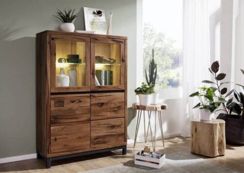 Massivmoebel24 Vitrine »VILLANDERS« (Moderne Wildeiche Vitrine mit Glas inklusive stilvollem Hirnholz-Element, eine Kombination aus Metall und Holz, mit Türen, braun geölt 103x40x148 Wildeiche montiert) Hirnholz-Element, Eisenrahmen Konstruktion, Unikate Rissoberfläche, Einlegeböden variabel 3-Fach höhenverstellbar, Soft-Close für Türen, Griffleisten