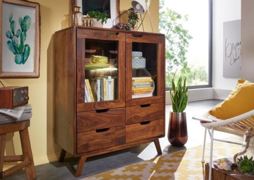 Massivmoebel24 Highboard »MALMÖ 2« (90x40x110 Sheesham montiert, modernes Highboard im Retro-Stil mit Glasboden)