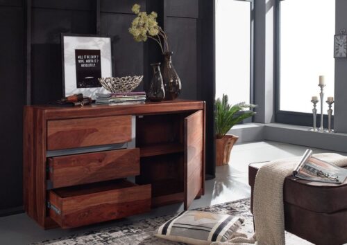 Massivmoebel24 Sideboard »SYDNEY« (Stilvolles Sideboard mit 1 Tür und 2 Schubladen, Verzierungen aus Metall, braun lackiert 127x46x77 Sheesham montiert), Sheeshamholz, metallische Elementee