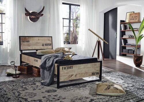 Massivmoebel24 Massivholzbett »FACTORY« (102x200 Mango, Bett aus Mangoholz im Industrial-Stil, bedruckt)