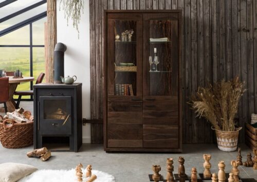 Massivmoebel24 Vitrine »BARK« (98x40x40 Akazie montiert, massive Vitrine mit echter Baumrinde im rustikalen Look) strukturierte Oberfläche, used Look, rustikal, sichtbare Hobelschläge, inkl. LED-Beleuchtung, echte Baumrinde, Zinkgriffe, herausnehmbare Glasböden