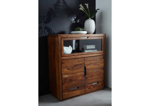 Massivmoebel24 Highboard »DUKE« (120x50x130 dunkelbraunes Highboard aus edlem massivem Holz, kleiner Schrank mit Glastür aus Palisander Sheesham Massivholz - bereits aufgebaut)
