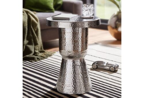 Wohnling Beistelltisch »Design Beistelltisch 43x59x43 cm Aluminium Silber Dekotisch orientalisch rund Designer Ablagetisch Metall modern Anstelltisch schmal Kleiner Hammerschlag Abstelltisch«