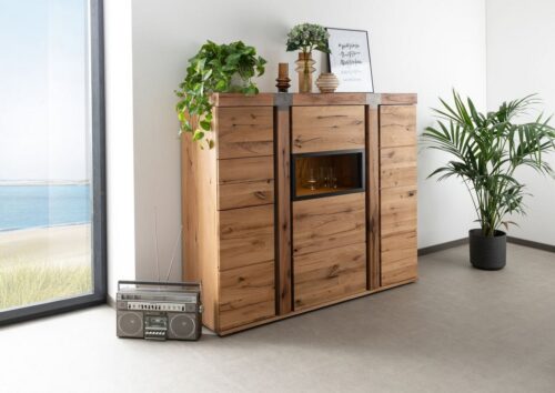 Massivmoebel24 Highboard »NEW AMSTERDAM« (Highboard im modernen Stil mit viel Stauraum in 2 Schubladen und Türen, inklusive 1 eingefassten Glasscheibe, natur lackiert 160x45x142 Wildeiche / Zerreiche montiert)