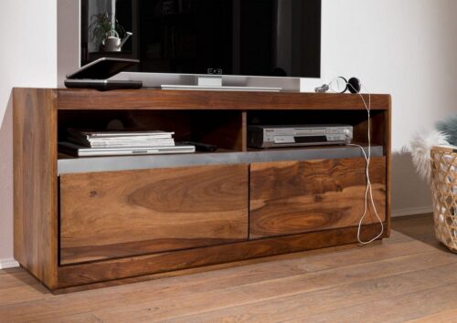 Massivmoebel24 TV-Board »SYDNEY« (Stilvolles TV-Board mit Verzierungen aus Metall, 2 Schubladen, 2 offenen Fächern 133x40x60 Sheesham montiert), Aussparung für Kabelführung, Sheeshamholz